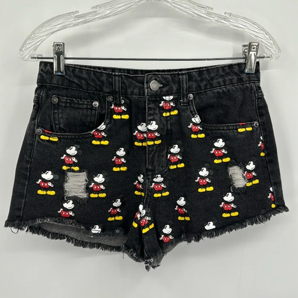 Mickey Mouse Disney Distressed Black Denim Cut-Off Jean Shorts‎ Small size 26